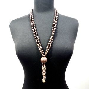 Womens Fashion Jewelry Long Brown Wood Metal Two Strand Beaded Necklace Bohemian